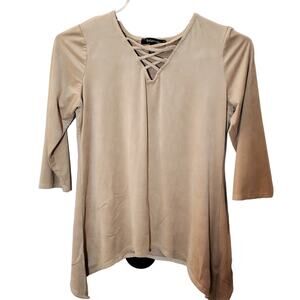Relativity Tan Strappy Velour 3/4 Sleeve Sharkbite Top Women’s Size Small